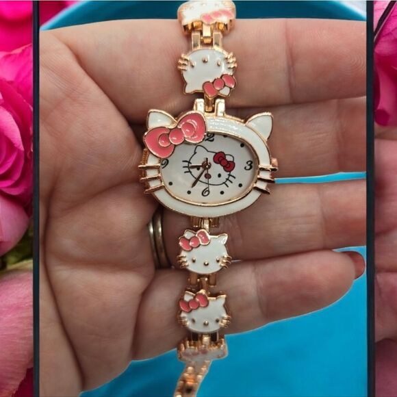 Hello Kitty Rose Gold Watch White Cat Face Links Analog Battery Metal Links Band - Picture 6 of 7